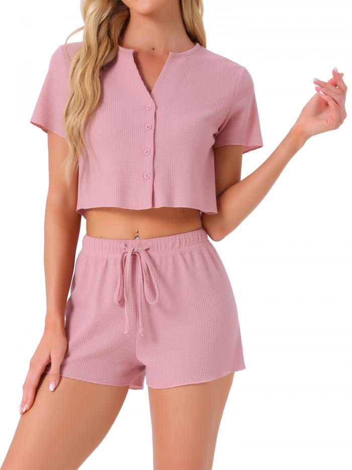 cheibear レディース ワッフルニット ボタンダウン パジャマ 半袖 クロップトップ ショーツ付き 2ピース アウトフィット ラウンジセット ピンク XS