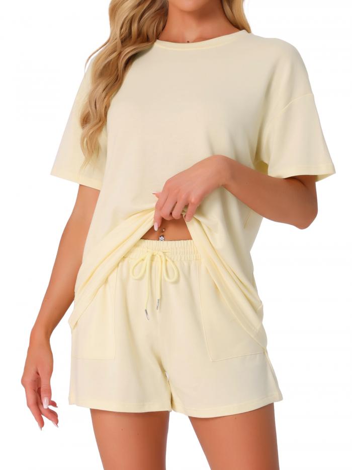 cheibear レディース パジャマセット 半袖 ラウンジセット ショーツ スリープウェアセット ポケット付き 2ピース パジャマセット ベージュ S