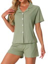 cheibear レディース パジャマセット ボタンアップ ラウンジセット コットン ソフト パジャマ ショーツセット 2ピース 半袖 寝巻き 緑 XL