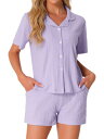 cheibear レディース パジャマセット ボタンアップ ラウンジセット コットン ソフト パジャマ ショーツセット 2ピース 半袖 寝巻き パープル L
