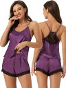cheibear パジャマ サテン 2点セット ノースリーブ レース キャミトップ ショーツ ラウンジ ナイトウェア レディース パープル XS