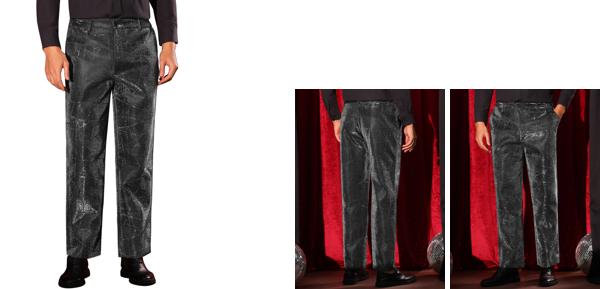 Lars Amadeus メンズ メタリックドレスパンツ イレギュラー プリント ストレート レッグ パーティー スーツト ラウザー 光沢のあるパンツ ブラック M