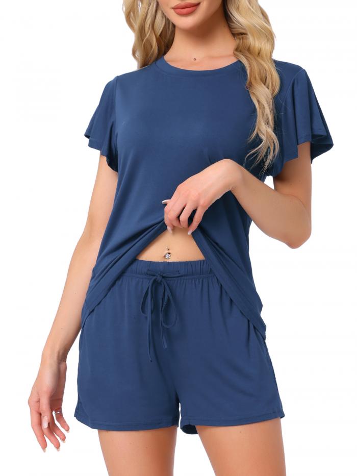 cheibear レディース ラウンジセット フラウンス パジャマセット ソリッド スリープウェア 半袖トップとポケット付きショーツ ネイビー 3XL