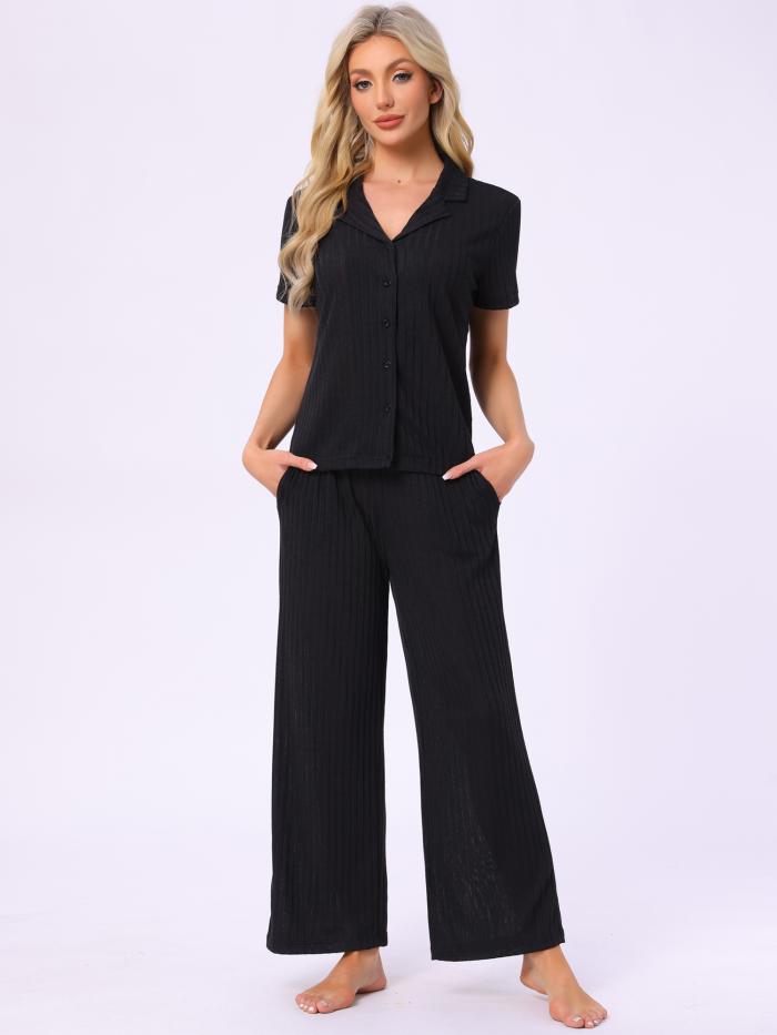 cheibear レディースラウンジセット ニットソリッドパジャマセット 半袖 フルレングス PJ セット 黒 M