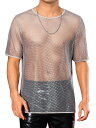 Lars Amadeus メンズ メッシュシアーTシャツ シースルー 半袖 パーティー 光沢 Tシャツ トップス シルバーグレー S(4)
