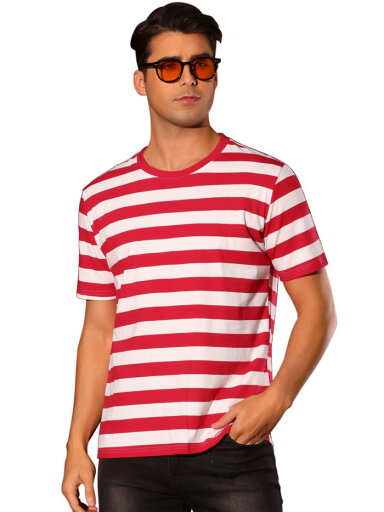 Lars Amadeus メンズ ストライプ Tシャツ ストライプ 半袖 Tシャツ トップス クルーネック カジュアル Tシャツ レッドホワイト L Lars Amadeus メンズ ストライプ Tシャツ ストライプ 半袖 Tシャツ トップス クルーネック カジュアル Tシャツ レッドホワイト L