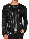 Lars Amadeus スパンコールTシャツ クルーネック 長袖 パーティー クラブウェア シャイニートップス メンズ ブラック M
