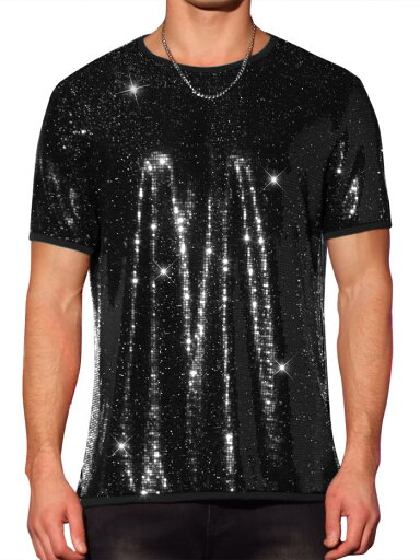 Lars Amadeus メンズ用 スパンコールシャツ 半袖 クルーネック ナイトクラブ パーティー カットソー シャイニー Tシャツ ブラック 2XL Lars Amadeus メンズ用 スパンコールシャツ 半袖 クルーネック ナイトクラブ パーティー カットソー シャイニー Tシャツ ブラック 2XL