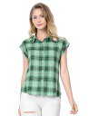 Allegra K ボタンダウン チェックシャツ ポイントカラー 格子 襟付き 夏 レディース グリーン 3XL