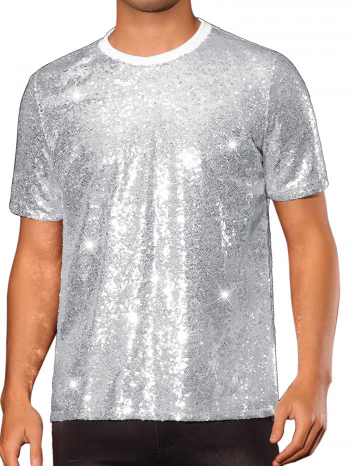 Lars Amadeus グリッターTシャツ メンズ スパンコールTシャツ トップス 半袖 クルーネック ディスコ メタリックTシャツ シルバー S