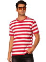 Lars Amadeus メンズ ストライプ Tシャツ ストライプ 半袖 Tシャツ トップス クルーネック カジュアル Tシャツ レッドホワイト 2XL