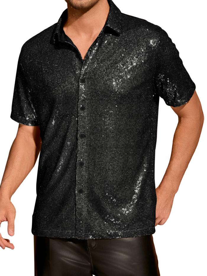 Lars Amadeus メンズ スパンコールシャツ グリッター 70年代 ディスコシャツ ボタンダウン 半袖 メタリ..