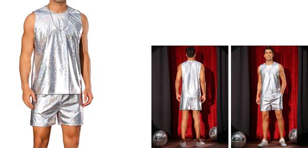 Lars Amadeus ホログラフィックタンクトップとショーツセット メンズ パーティー ディスコ メタリック 2ピース 衣装 シルバー S