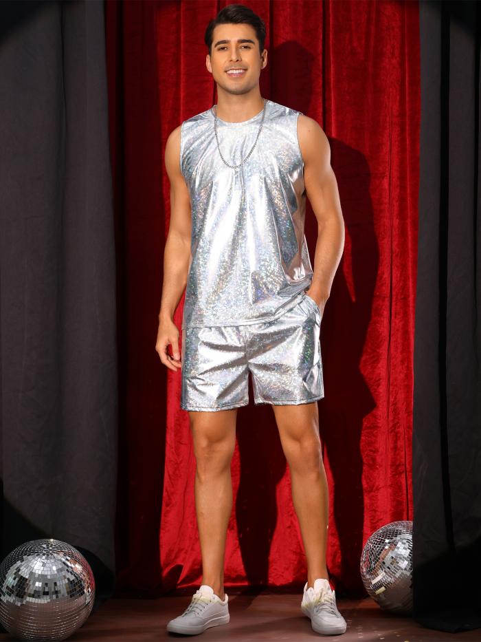 Lars Amadeus ホログラフィックタンクトップとショーツセット メンズ パーティー ディスコ メタリック 2ピース 衣装 シルバー S