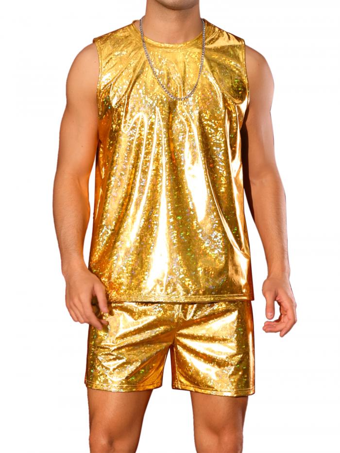 Lars Amadeus ホログラフィックタンクトップとショーツセット メンズ パーティー ディスコ メタリック ..