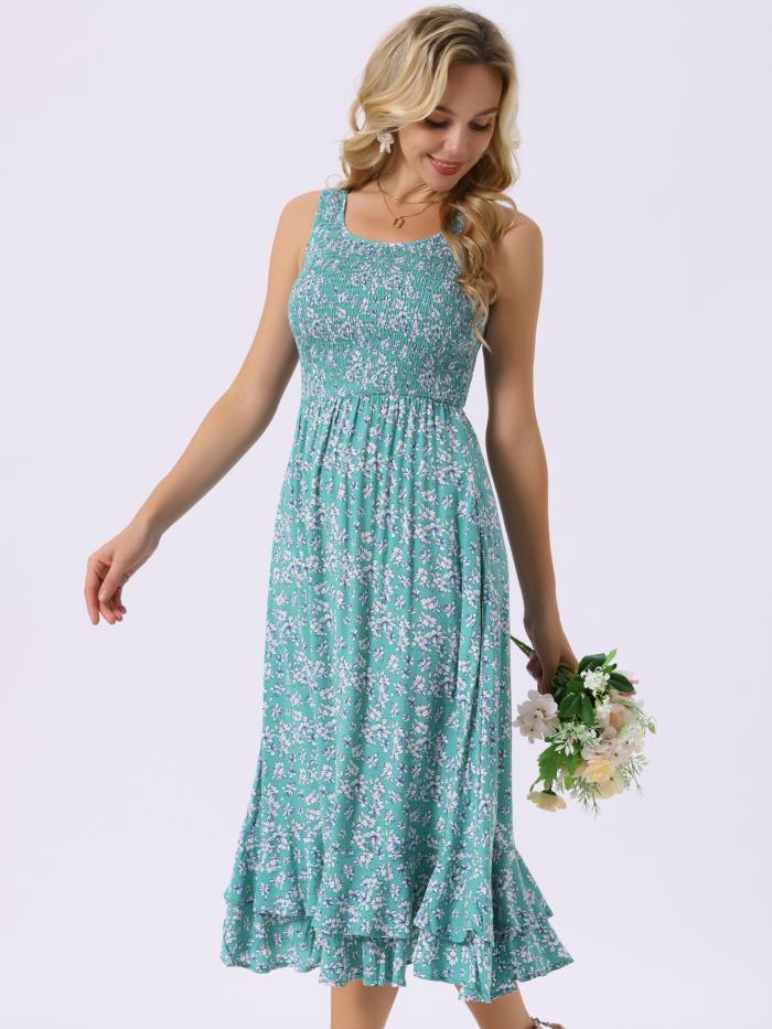 Seta T レディース サマードレス スクープネック ノースリーブ フリル裾 ティアードフローラルミディドレス カジュアルサンドレス ポケット付き グリーン XL