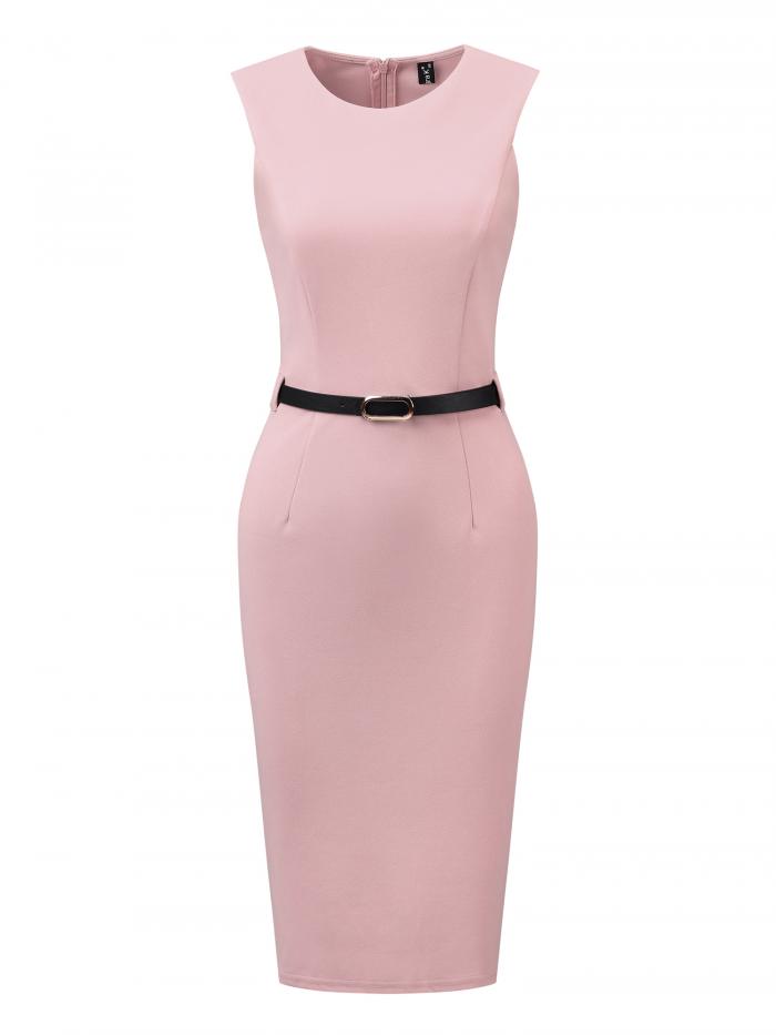 Allegra K シースドレス ラウンドネック ノースリーブ 無地 ドレス ベルト付き オフィス 通勤 レディース ピンク XL(4)