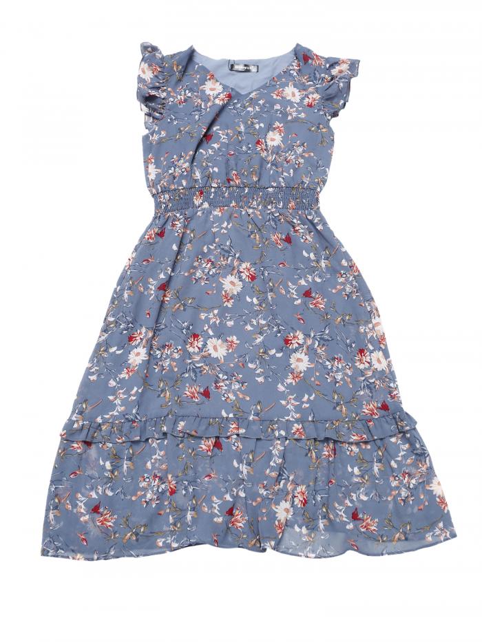 Allegra K ラッフルワンピース ドレス 花柄 フローラルフラッター スリーブ Vネック スモック レディース ブルーグレー XL
