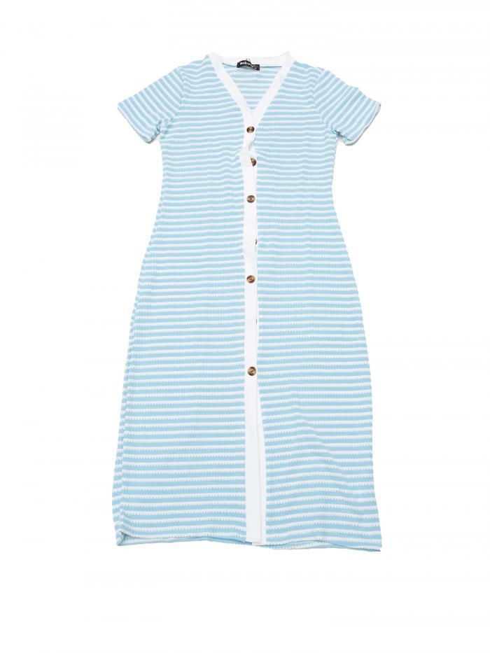 Allegra K レディース カジュアル サマードレス ストライプ リブニットドレス 半袖 Vネック ミディドレス ブルー XL