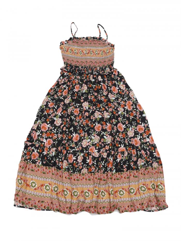 Allegra K カジュアルワンピース 花柄ドレス 夏用 スパゲッティストラップ Aライン フリルスモックマキシドレス レディース ブラック XS