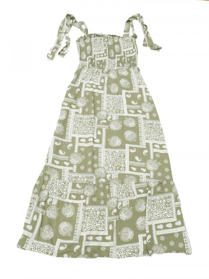 Allegra K 夏プリントドレス レディース スパゲッティストラップ スクエアネック 伸縮性ウエスト ロングマキシドレス グリーン S
