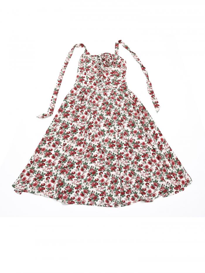 Allegra K ホルターネック 花柄ドレス 女性 夏 サンドレス ノースリーブ レースアップ ミディドレス レディース ベージュローズ XL