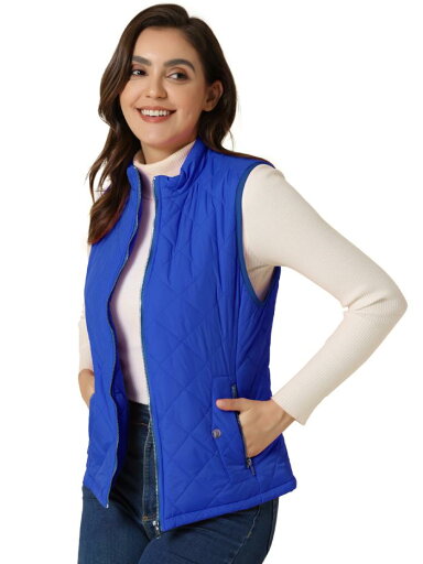 Allegra K キルティングベスト キルトベスト 立ち襟 軽量 ジッパー 防寒 秋冬 レディース ブライトブルー 2XL Allegra K キルティングベスト キルトベスト 立ち襟 軽量 ジッパー 防寒 秋冬 レディース ブライトブルー 2XL