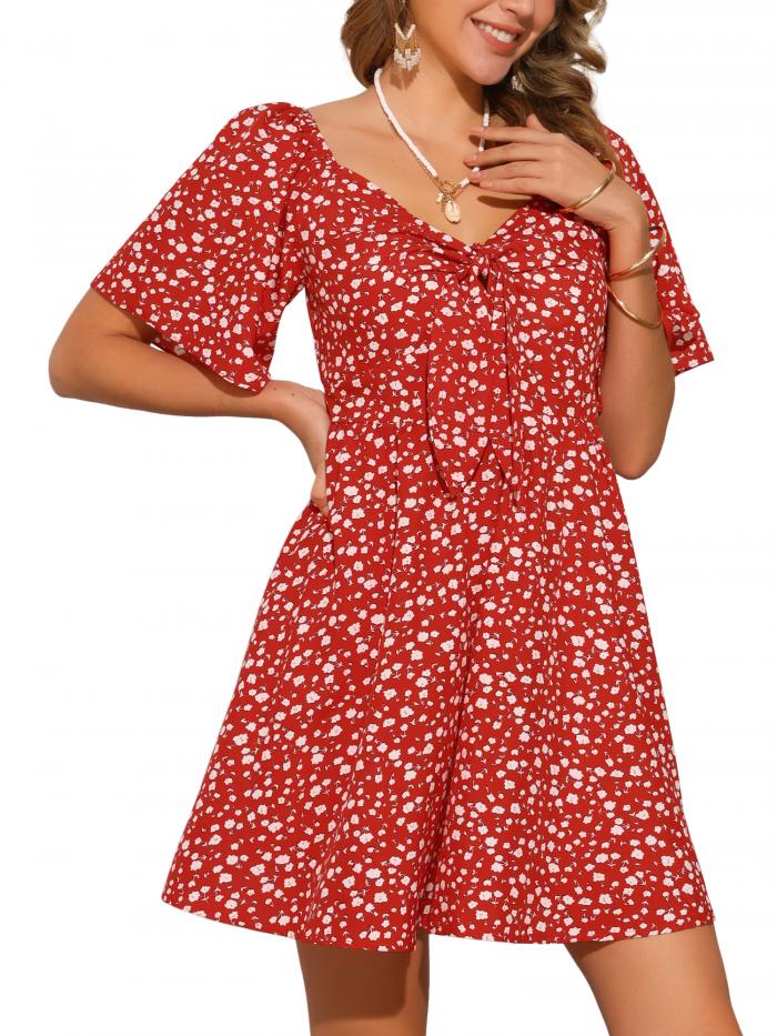 Allegra K 夏用半袖花柄ドレス レディース用 エレガント 蝶ネクタイ Vネック サンドレス レッド XLのサムネイル