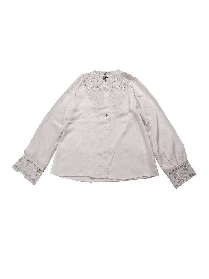Allegra K レディース ヴィンテージ ボタンダウン シャツ レース パッチワーク 長袖 スタンドカラー カジュアル ワークトップ ベージュ L