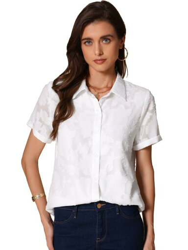 Allegra K レディース 花柄シャツ ラペルカラー 半袖 ボタンダウン シフォン ワークブラウス ホワイト L Allegra K レディース 花柄シャツ ラペルカラー 半袖 ボタンダウン シフォン ワークブラウス ホワイト L