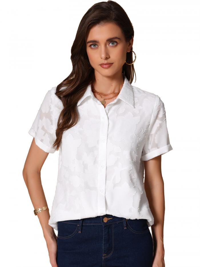 Allegra K レディース 花柄シャツ ラペルカラー 半袖 ボタンダウン シフォン ワークブラウス ホワイト XL