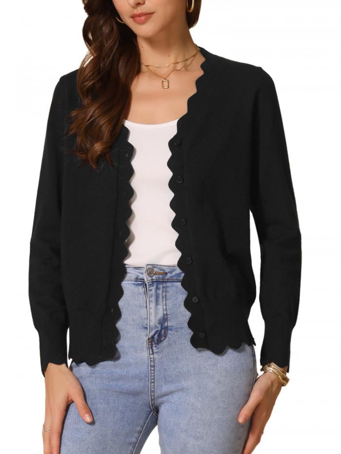 Allegra K レディース セーターカーディガン Vネック 長袖 オープンフロント ニットカーディガン ボレ..