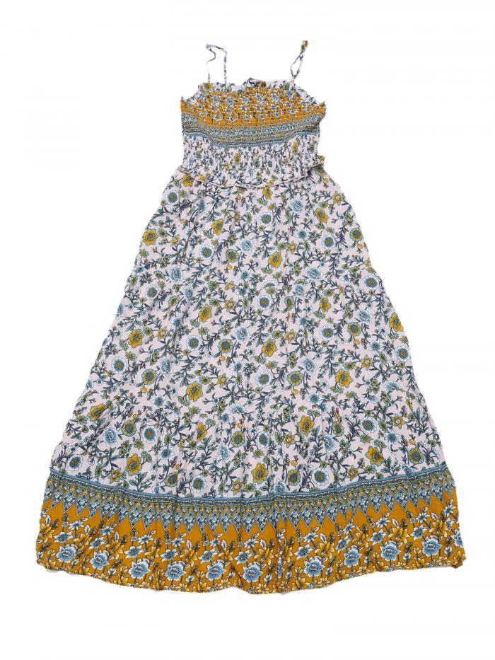 Allegra K カジュアルワンピース 花柄ドレス 夏用 スパゲッティストラップ Aライン フリルスモックマキシドレス レディース ピンク S