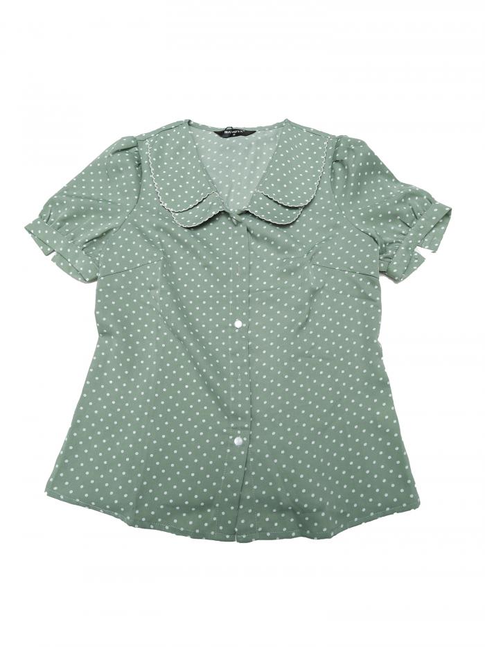 Allegra K 水玉 シャツ トップス 丸襟 パフスリーブ 半袖 ヴィンテージ レディース ライトグリーン XS