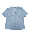 Allegra K デニムブラウス フリル丸襟 パフスリーブ 半袖 シャツ オフィス カジュアル トップス ブラウス レディース ボーブルー M