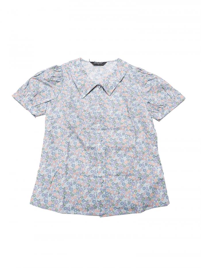 Allegra K フローラルブラウス パフスリーブターンダウンカラーボタンダウン レディース ライトブルー XL