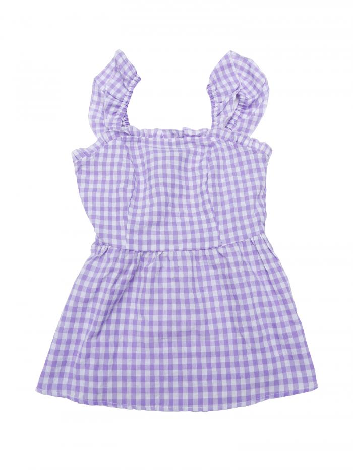 Allegra K ブラウス チェック柄 夏 ギンガム ペプラムトップ スクエアネック ノースリーブ 可愛い レディース ライトパープル S