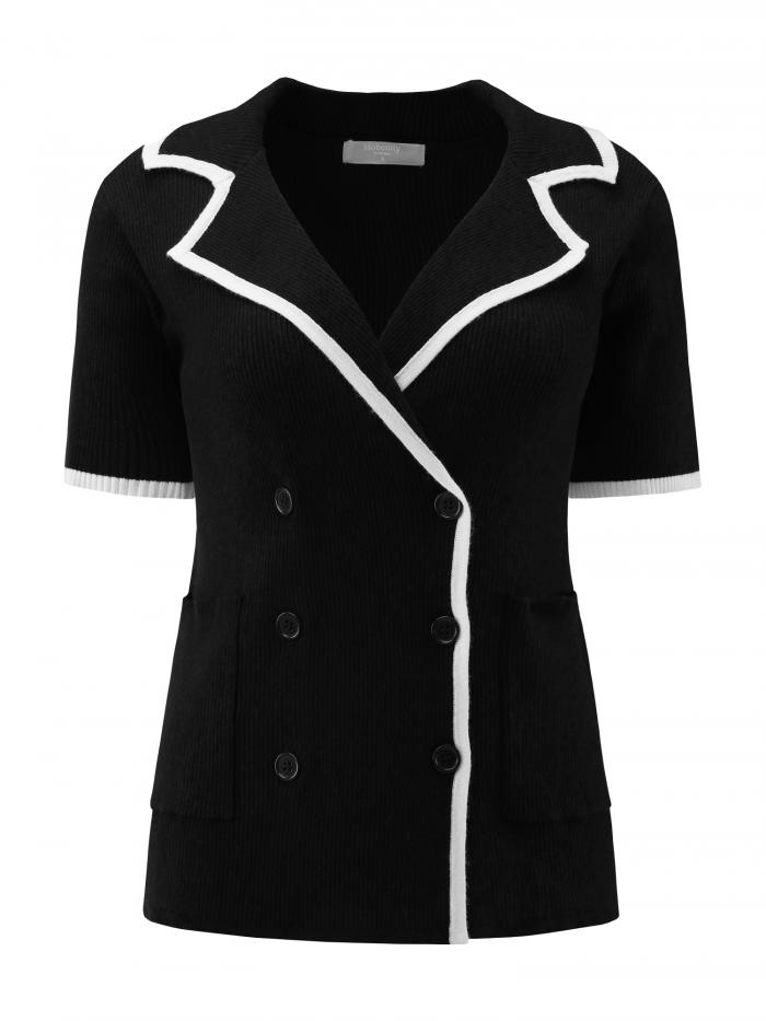 Hobemty レディース 半袖 サマーカーディガン ダブルブレスト コントラストカラー ニット セーター ジャケット トップス ブラック L