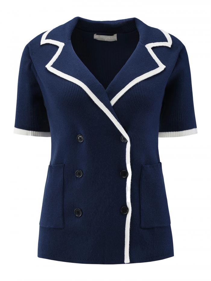 Hobemty レディース 半袖 サマーカーディガン ダブルブレスト コントラストカラー ニット セーター ジ..