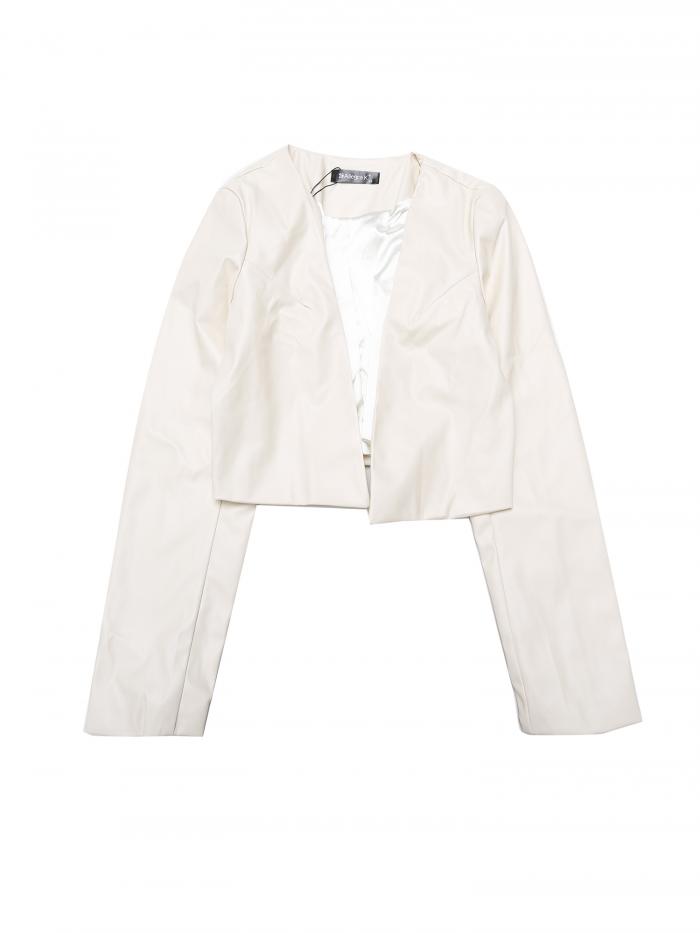 Allegra K クロップド ジャケット 長袖 コート オープンフロント フェイク PU レザー レディース ベージュ M