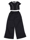 ONFERS Onfers レディース 2ピース アウトフィット スウェットスーツセット 半袖 クルーネック クロップ)トップ ワイドレッグパンツ ブラック S