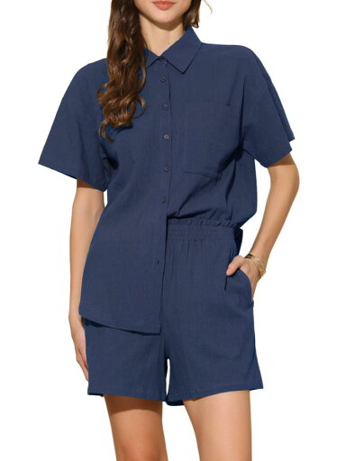 Allegra K 2ピース アウトフィット 半袖シャツ ショーツセット 夏用ラウンジスーツ ボタンダウンTシャツ レディース ネイビーブルー M Allegra K 2ピース アウトフィット 半袖シャツ ショーツセット 夏用ラウンジスーツ ボタンダウンTシャツ レディース ネイビーブルー M