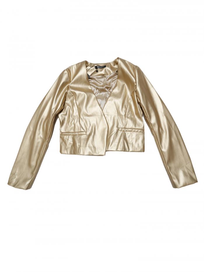 Allegra K モトバイカージャケット 長袖 フェイクレザー クロップブレザー オープンフロント PU レディース ゴールド XL