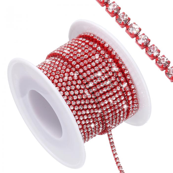 uxcell 10ヤード 水晶ラインストーンクローズチェーントリム 宝石メイキング用 水晶ラインストーンダイヤモンドストリップ ラインストーンブリングソーイングエンベリッシュメント レッドいベース シルバーラインストーン