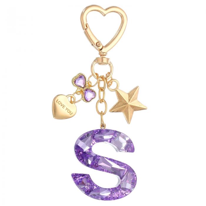 PATIKIL かわいいイニシャルレターキーチェーン レターS 女性用ブリングラブバタフライスター バッグバックパック財布車のキーカップアクセサリー パープル
