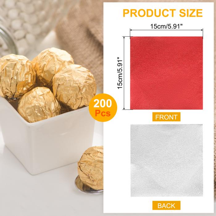 uxcell 200個の箔キャンディラッパー 6 x 6インチのチョコレートバーラッパー キャラメルキャンディの包装デコレーション用のアルミ箔紙（赤 オレンジピール）