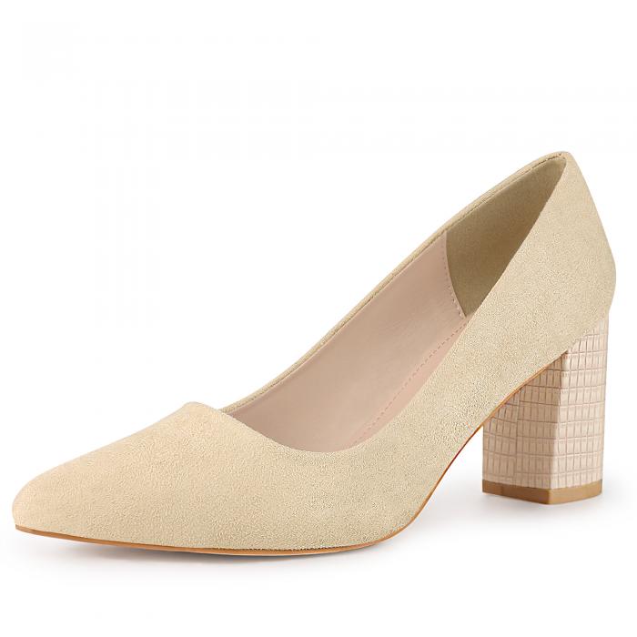 Allegra K レディース ポインティトゥ スリッポン チェック柄 プリント チャンキーヒール パンプス ベージュ 22.0cm