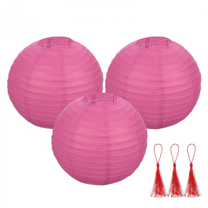 uxcell 3個 ローズレッド 丸い和紙ランタン12" 中国 和紙ランタンパーティー装飾 装飾用折りたたみラン..
