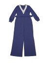 Seta T レディース 長袖 Vネック ジャンプスーツ ベルト付き ワイドレッグ ロングパンツ ロンパース ポケット付き ネイビーブルー M