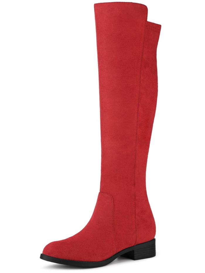 Allegra K ニーハイブーツ ロングブーツ サイドジッパー チャンキーヒール レディース レッド 28.0cm